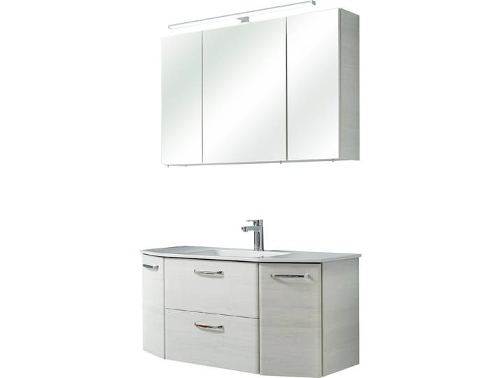 Badmöbel-Set SAPHIR Quickset 2-teilig, Keramik-Waschtisch mit LED-Spiegelschrank, 5 Türen , weiss (eiche weiß, eiche weiß), Holzwerkstoff, Kastenmöbel-Sets, Badmöbel-Set, Unterschrank mit Waschbecken, inkl. Türdämpfer, Griffe Chrom Glanz