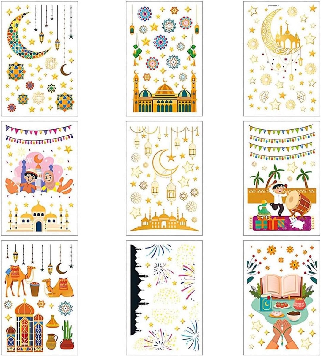 Ramadan Raamstickers - Islamitische Decoratie - 9 Vellen Herbruikbaar PVC