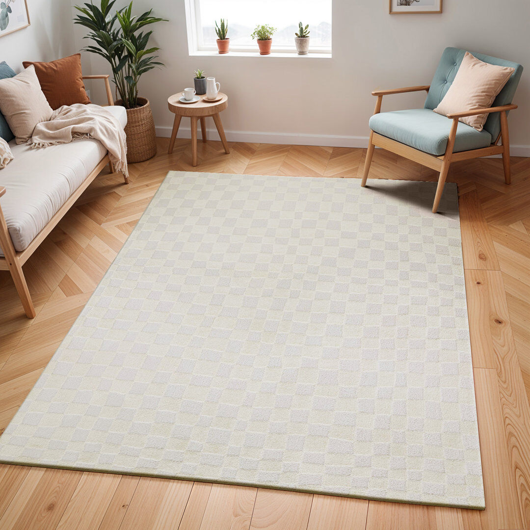 17 Stories Chequered Area Rug Ivory Rectangle 160cm x 213cm