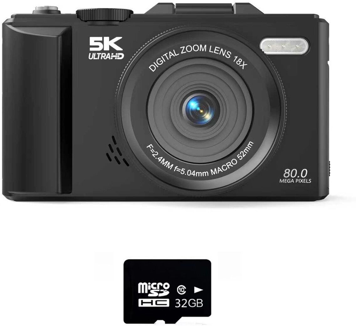 INF Retro spiegellose Kamera mit Flip-Top 180° Bildschirm, 75MP Foto, 5K Video, AF, WiFi, inkl. 32G TF-Karte Schwarz