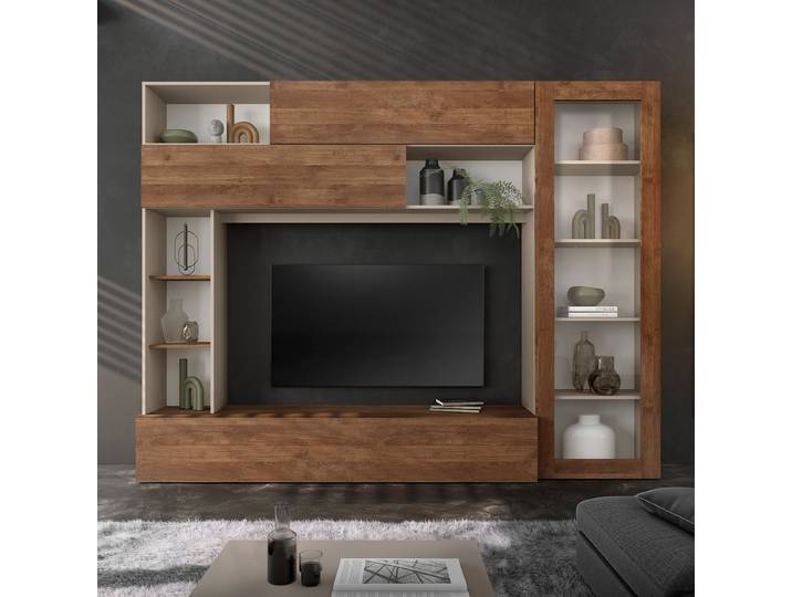 Kompakt-Wohnwand Pratiko Spanplatte, beschichtet Braun/Beige 272 x 210 x 42cm