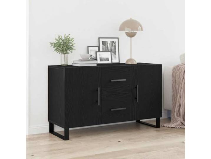 RJPLMFV Anrichte Eiche schwarz 100 x 36 x 60 cm aus Ingenieurholz TV-Schrank, rechteckig, Schubladen und Türen, Griffe aus schwarzem Stahl, für Esszimmer oder Wohnzimmer