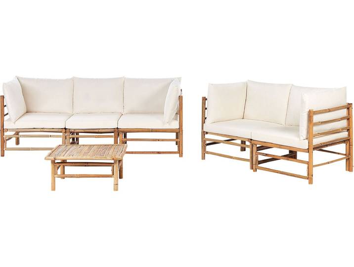 BELIANI Lounge Set 3-Teilig Hellbraun u. Cremeweiß Bambusholz 2-Sitzer u. 3-Sitzer Sofa mit Couchtisch 14 Kissen Garten Terrasse Outdoor Ausstattung