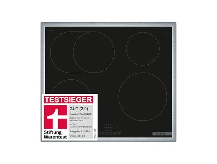 Bosch PIF64RBB5E Serie 4 Induktionskochfeld, autarkes Glaskeramik-Kochfeld 60 cm breit, TouchSelect, Bräterzone, PowerBoost, ReStart, Umlaufender Rahmen, Schwarz