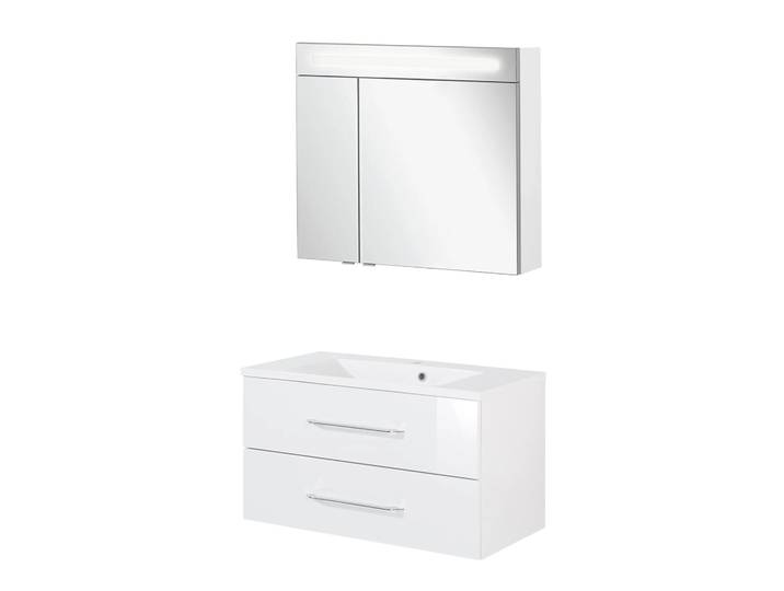 FACKELMANN B.CLEVER Waschtisch Set mit Spiegelschrank 90 cm breit, Weiß, Waschbecken Gussmarmor Weiß