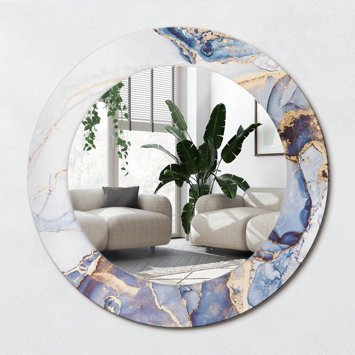 Wallfluent Ronde Spiegel met Abstracte Kunst Decoratie - Blauw - Diameter: 50 cm