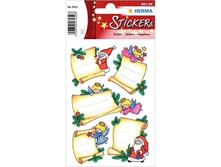 HERMA 3959 Kerststickers, 10 stickers, papier, glinsterend), zelfklevende kerstdecoratie, permanent hechtende etiketten voor Kerstmis, geschenken, knutselen, adventskalender, kleurrijk