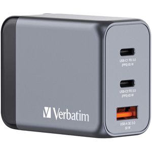 Verbatim USB-Ladegerät GNC-65, GaN, 65 Watt, 2x USB-C und 1x USB-A, 3 Ports, Schnellladegerät