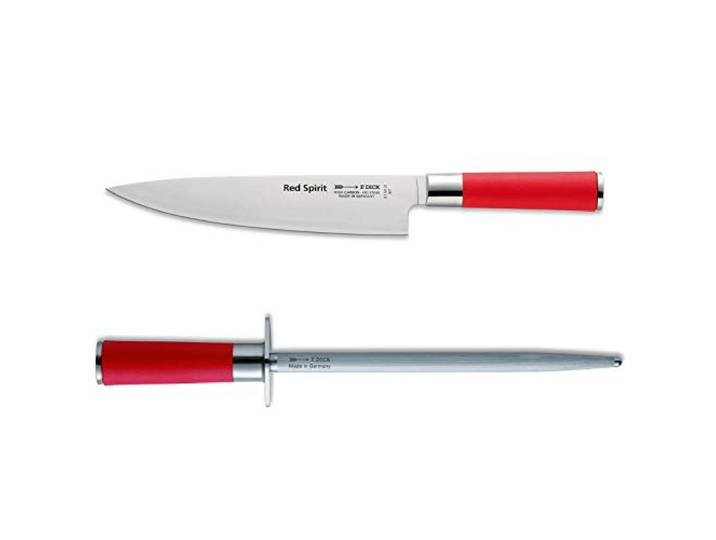 Dick Red Spirit breites Kochmesser 21 cm Set mit rundem Standardzug Wetzstahl 25 cm