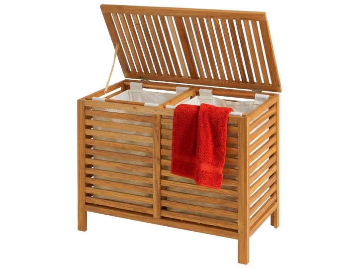 Relaxdays Wäschesammler Natur Walnussholz 2 Fächer 150 L, Hellbraun, Holz, Textil, 89x67.5x46.5 cm, Haushalt & Reinigung, Wäschepflege, Wäschekörbe & Tonnen