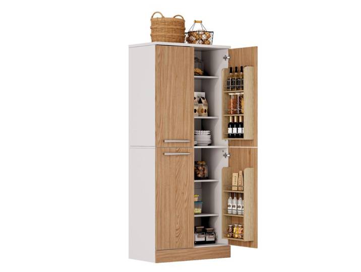 Meuble colonne cuisine IVMEU 4 portes étagères réglables MDF blanc et effet bois 76 x 42 x 180 cm