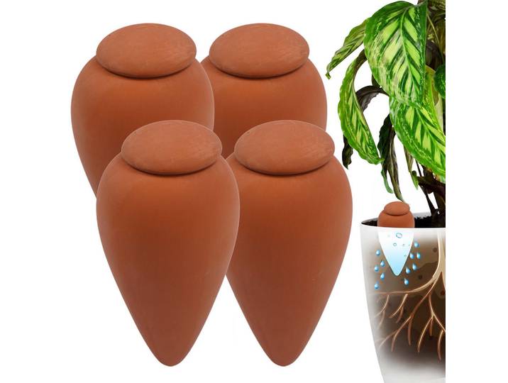 Relaxdays Giesskegel Natur 4er-Pack 350 ml, Hellbraun, Keramik, 8x16x8 cm, Gartenzubehör