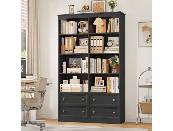 Getone Bibliotheque avec 4 Tiroirs Bibliothèque avec 8 Étagères de Rangement Bibliothèque Meuble de Rangement Bibliotheques pour Salon Meuble Salon Bureau Cuisne Chambre100x30x180 cm, Blanc/Noir