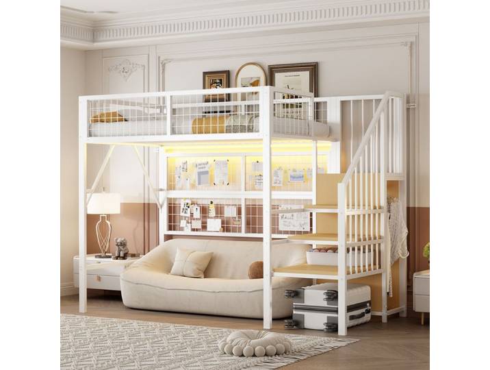 Lit en fer lit d'étage lit supérieur 90*200 adapté pour enfants et jeunes polyvalent Lit supérieur en métal avec rampes lumineuse