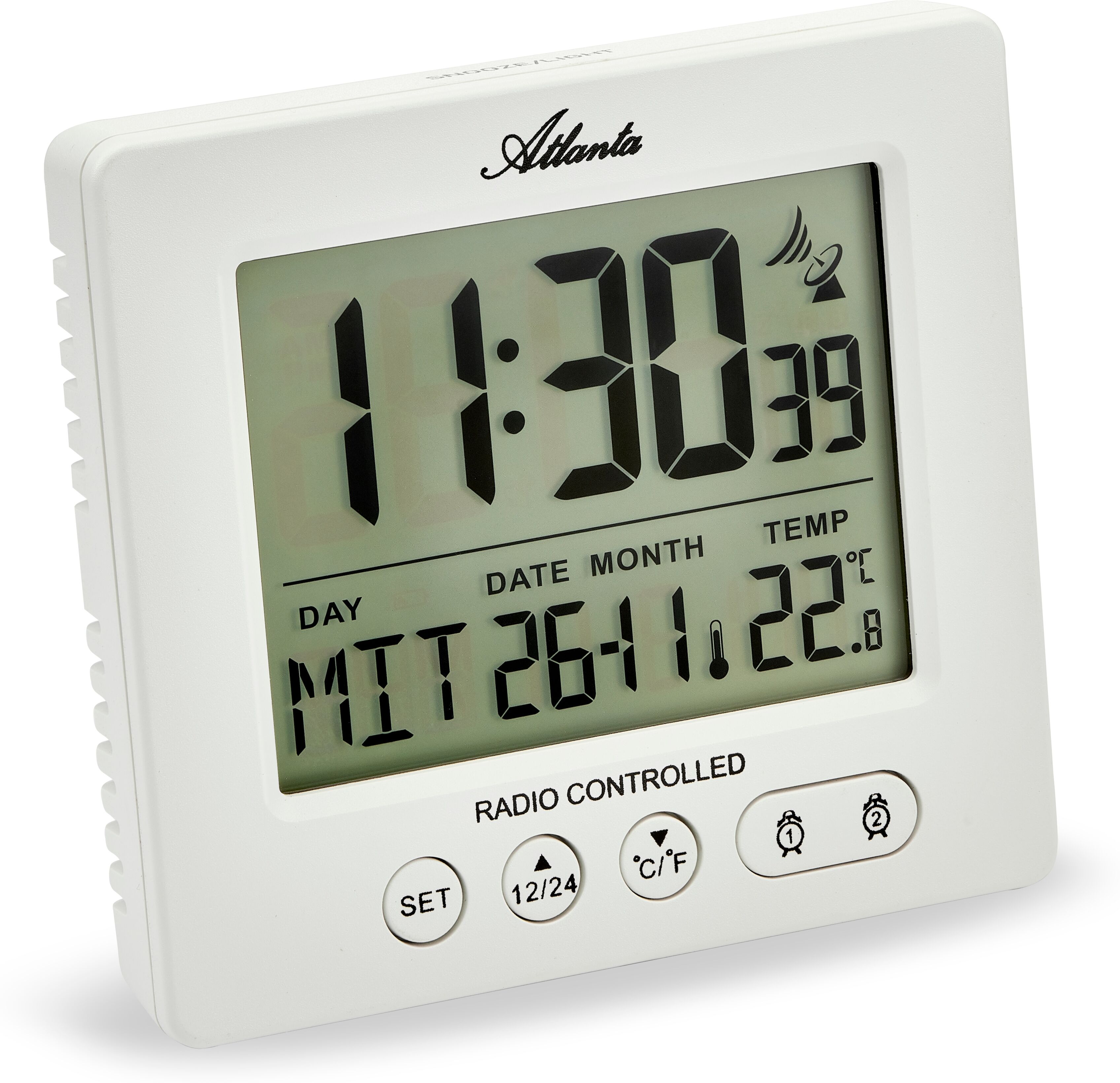 Funkwecker ATLANTA, weiß, Wecker, Funkwecker, Digitalwecker,Beleuchtung,Weckwiederholung,Geschenk,Innentemperatur