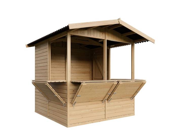 VERKAUFSSTAND aus Holz 4 m², zerlegbarer Marktstand mit 4 Verkaufsfenstern für Märkte, Messen und Events