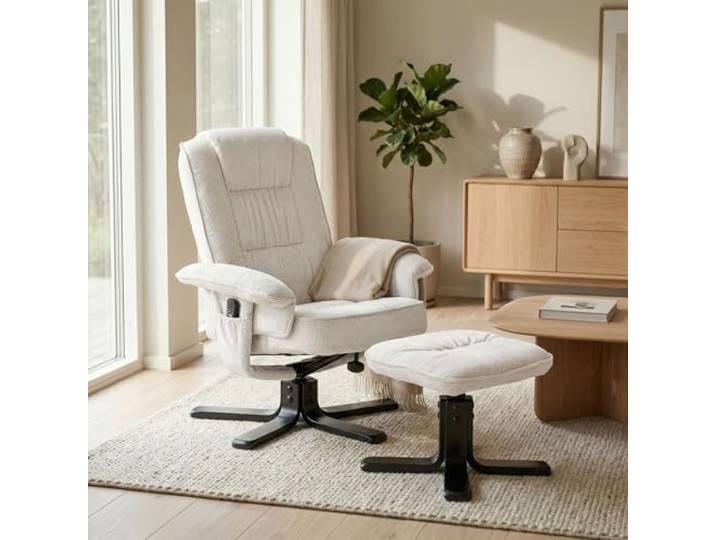 IDIMEX Relaxsessel Charly mit Hocker weiß - TV Sessel mit Verstellbarer Rückenlehne, Wohnzimmersessel mit Seitenfach und Beinablage, Loungesessel aus Kordstoff