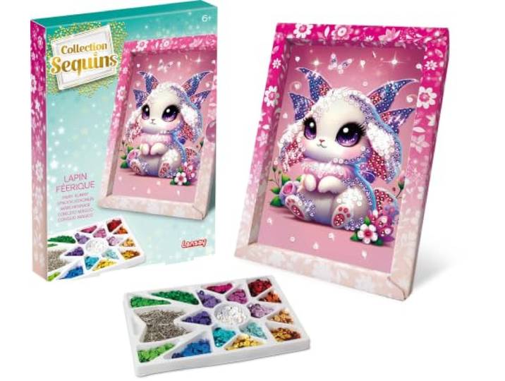 Lansay - Collection Sequins Lapin Féérique - Tableau à Décorer - Dès 6 Ans Activité Créative - Repères Visuels Imprimés sur l'Image - Positionnement Facile des Paillettes - Cadre Inclus pour Exposer
