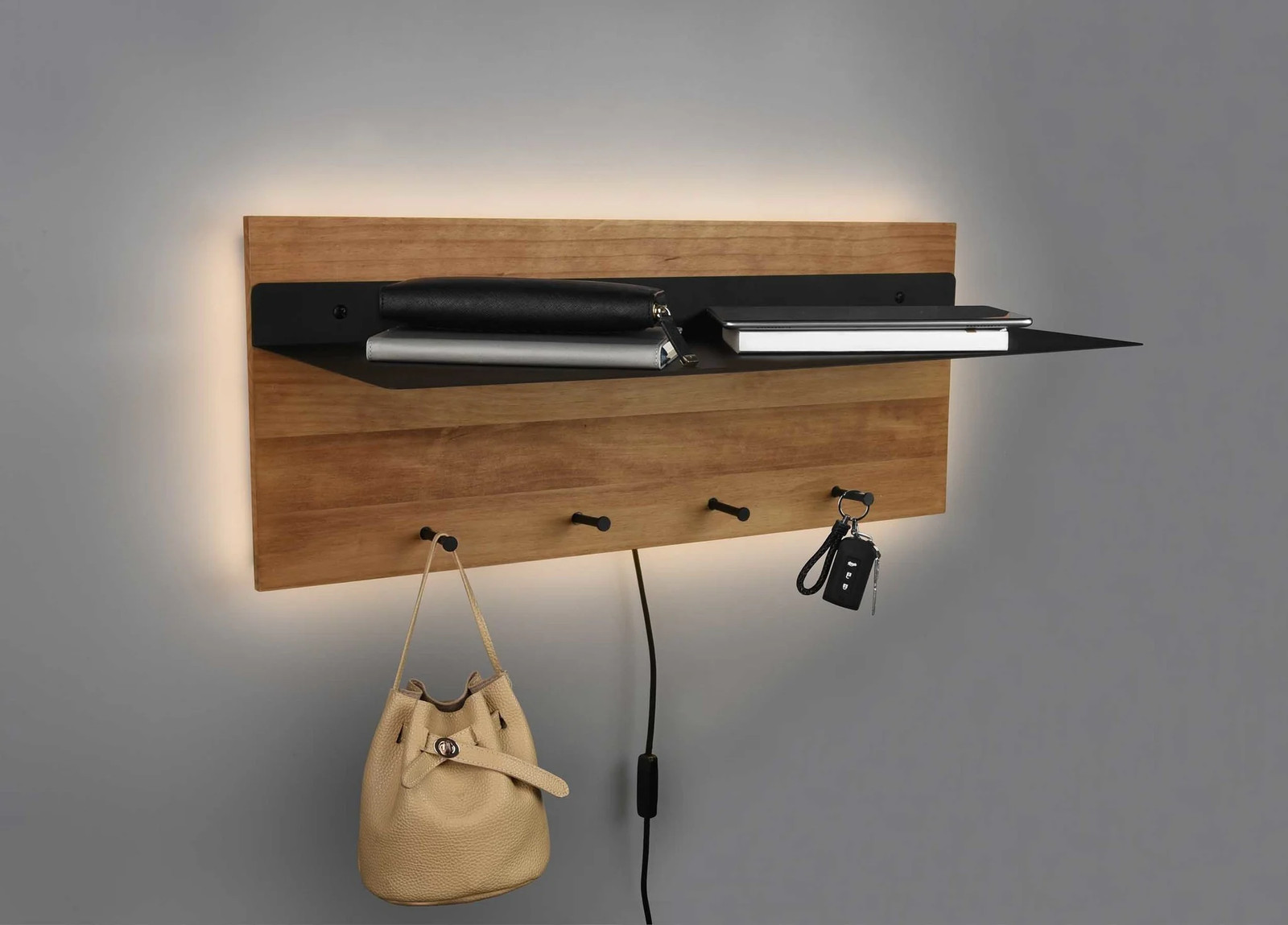 Mirrors and more Kapstok Romy LED met 4 haken en legplank in Hout, 75 x 30 cm