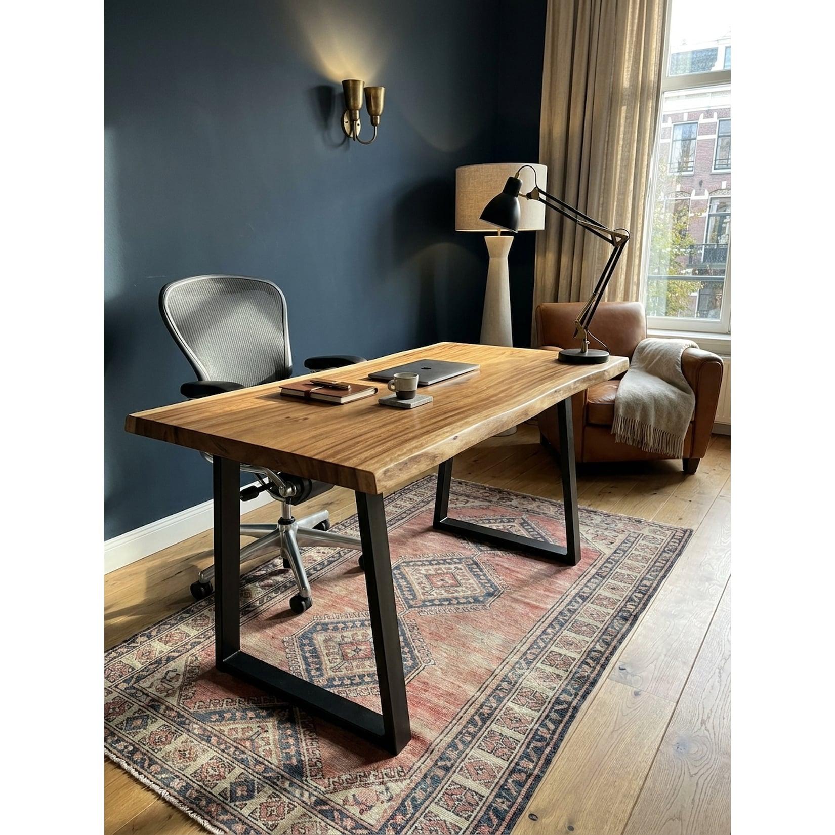 Schreibtisch Massivholz Baumkante Trapezgestell, Akazie 160x80x76 cm