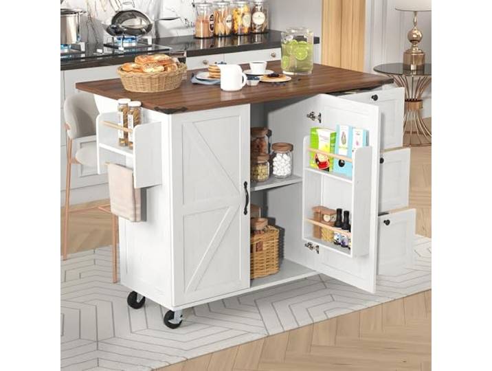 Küchenwagen auf Rollen, Servierwagen Küche, Küchentrolley mit Schubladen, Beistellwagen Kücheninsel Buffetschrank Holz, Küchenschrank mit abklappbarer Arbeitsplatte