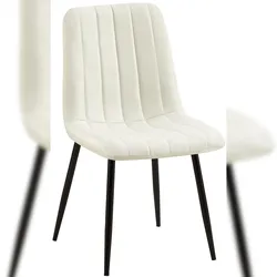 Décoshop26 - Esszimmerstuhl x1 dekorative vertikale Ziernähte cremefarbener Stoffsitz schwarze Metallbeine 10_0002211