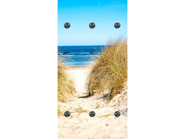 Wandgarderobe QUEENCE Strand auf Rügen , weiss (blau), B:50cm H:100cm T:2cm, Acrylglas, Garderobenpaneele, Wandgarderobe, Wandpaneel aus Acrylglas inkl. 6 Edelstahlhaken in schwarz matt