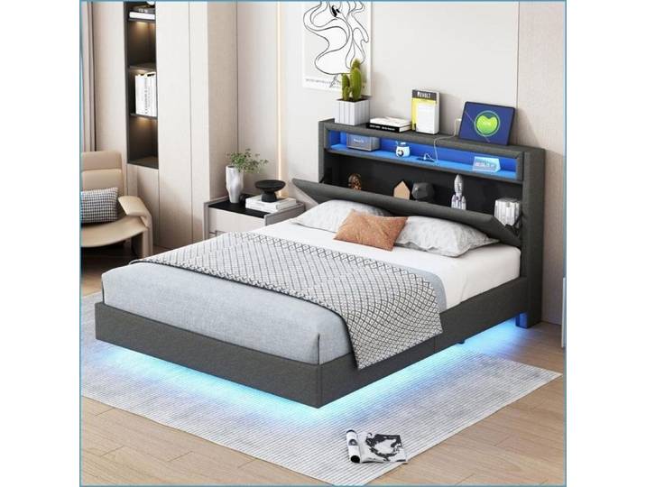 Lits Cadres & Supports - Lit Double Polster Gris avec USB LED Rangement & Pieds Cachés
