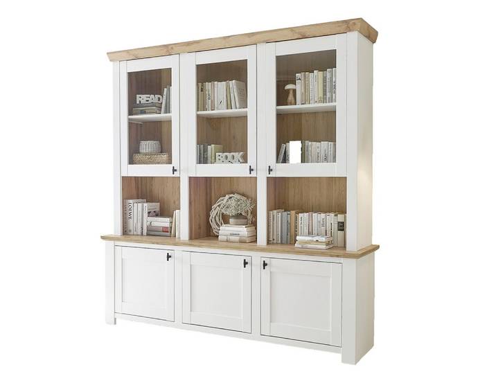 Lomadox Vitrine BANJA-61 weiß mit Eiche, schwarze Metallgriffe, Glastüren