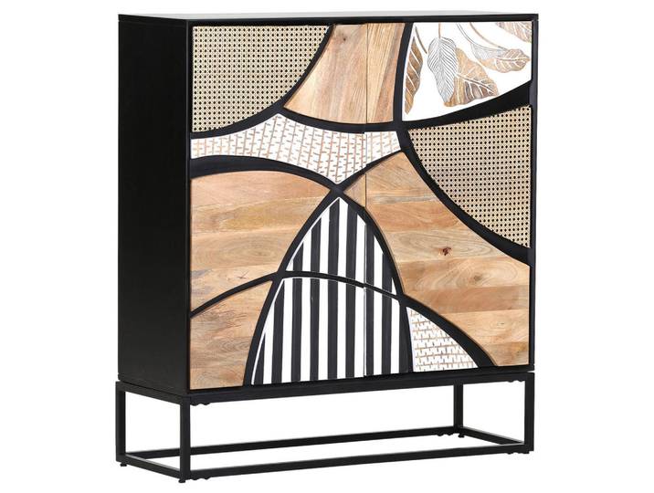 Landscape Kommode, Schwarz, Metall, Mangoholz,Mangoholz, Rattan,Mangoholz, massiv, 2 Fächer, 100x110x35 cm, Holzmöbel, Kleinmöbel Holz, Holzkommoden