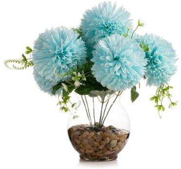 Enova Home 7 Heads Pink Silk Marigold Flowers in Clear Glass Vase With Faux Water and River Stone for Home Office Wedding