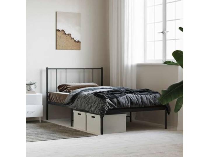RJPLMFV Bettgestell, Metall, Schwarz, 90 x 190 cm, mit Kopfteil Pulverbeschichteter Stahl, Latten inklusive, Stauraum unter dem Bett, Rückenstütze