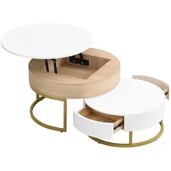 Couchtisch Set Weiß Holzoptik 70x70x56 mit zwei Schubladen und höhenverstellbarer Tischplatte – Flexibel, Stauraum, modernes Design