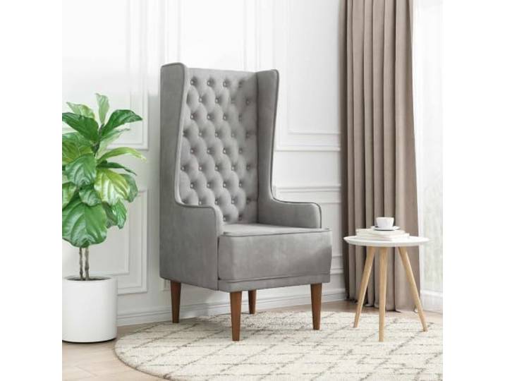 Hochlehner Sessel Hellgrau Samt mit Knopfheftung Chesterfield-Design, Holzwerkstoffrahmen, Gummibaumholzbeine, Schaumstofffüllung, 100 % Polyester, Lesesessel