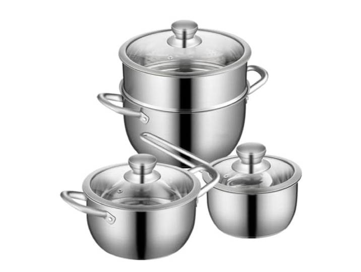Topfset 3Pcs Kochgeschirr Set Suppe Topf Milch Pan Dampfer Mit Glas Deckel Edelstahl Kochtopf Küche Kochtopf Set