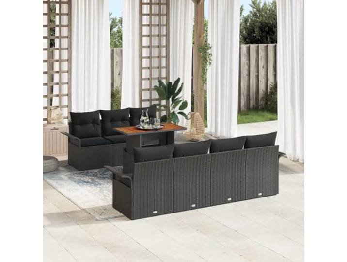 KTHLBRH Garten Sofaset mit Kissen aus Poly Rattan, Garten Sofaset mit Akazienholz Tischplatte, modern minimalistisches Design, 8-teilig in Schwarz