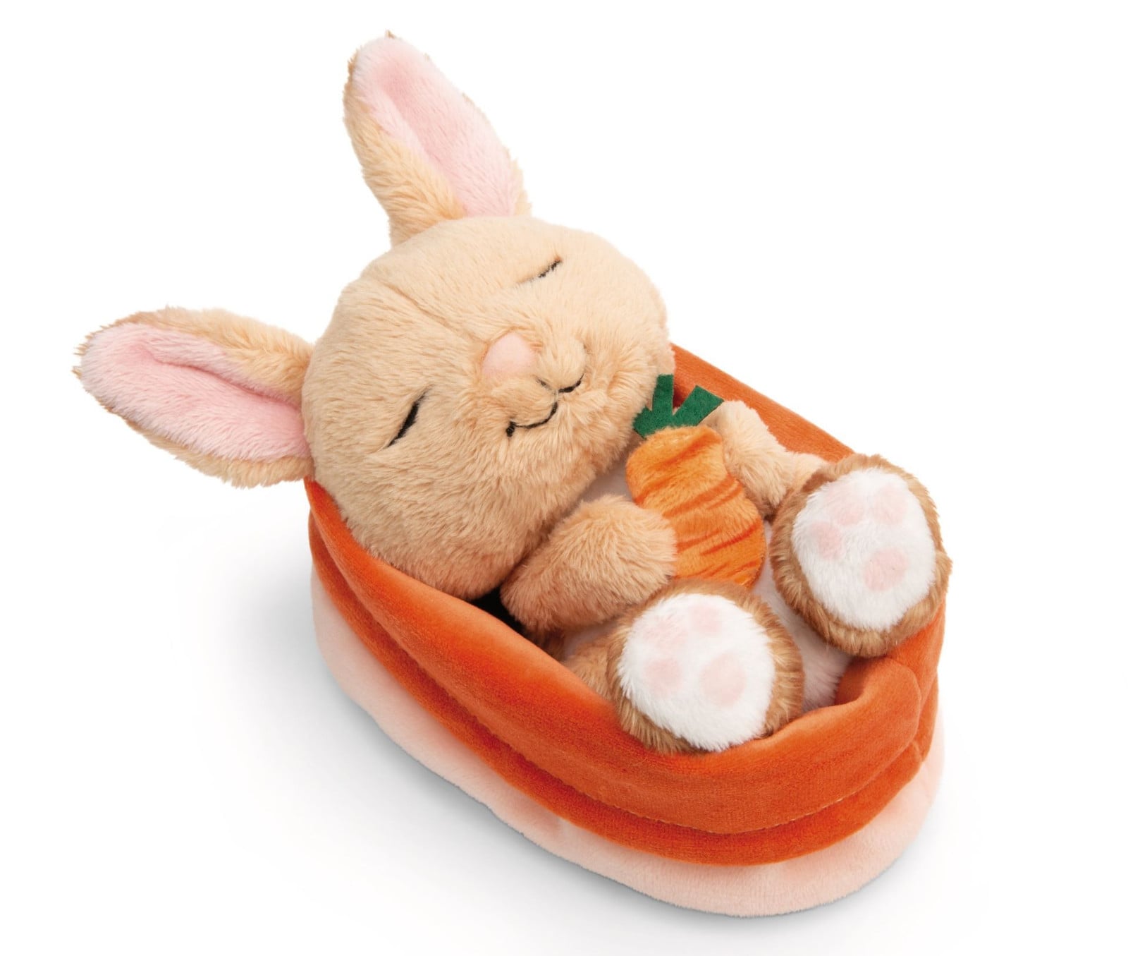 NICI Knuffel Konijn met wortel, slapend in een mandje, perzik, 12 cm