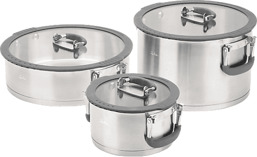 Batería de cocina - Jata Hogar HBAT2552, 6.8L, Acero inoxidable, Apilables, Tapas Vidrio Templado, 3 Ollas, Compatibles con todas las cocinas, Plata