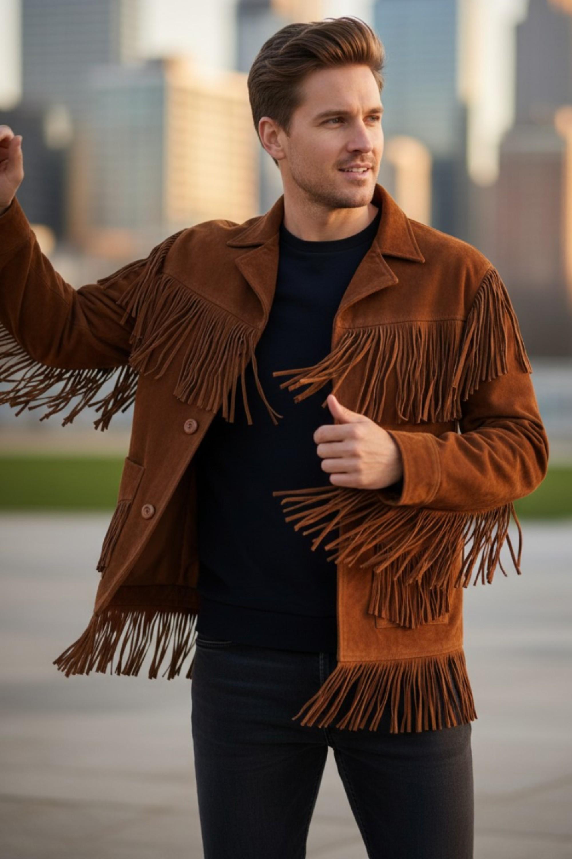 Herren Western Retro Tan Cowboy Wildlederfransenjacke – Karmesinrot