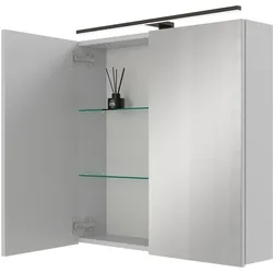 Planetmöbel ARIA Spiegelschrank 70 cm Weiß Grau mit schwarzer LED-Leuchte und Steckdosenbox 230 V