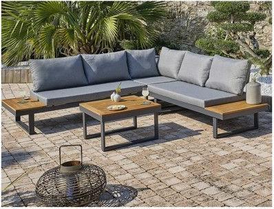 Niedrige Gartenmöbel - Aluminium - DCB GARDEN - 5 Sitzplätze - Anthrazitgrau und Akazienholz - MIYAKO