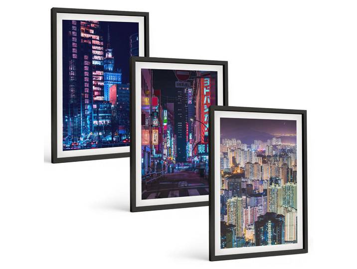 Tulup Bilder SET 3er Set - 40x60 cm Schwarzer Rahmen - Neonlichter der nächtlichen Stadt, Kunststoff, Rechteckig, 40x60 cm, Fotografie, Bilder & Rahmen, Bilder