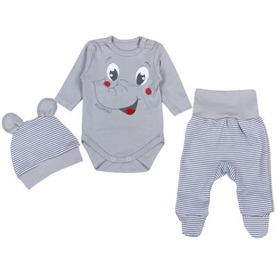 Langarmbody TUPTAM "Set Baby Bekleidungsset Langarmbody Hose Mütze3 teilig", Jungen, Gr. 56, N-Gr, grau (elefant grau), Obermaterial: 100% Baumwolle CO., Bodys