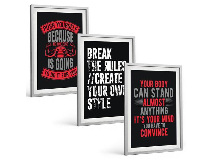 Tulup Bilder SET 3er Set - 40x60 cm Silberner Rahmen - Motivation, Training, Selbstentwicklung, Silberfarben, Kunststoff, Rechteckig, 40x60 cm, einfache und schnelle Anbringung, Bilder & Rahmen, Bilder