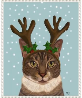 Amanti Art Calico Cat and Antlers by Fab Funky (23 x 28 in.), Framed Canvas Wall Art Print - Sylvie Beaded White