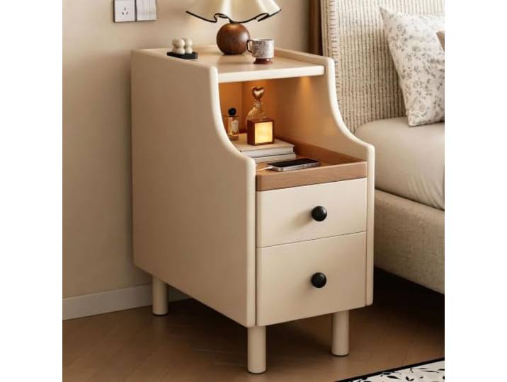 Moderner Nachttisch Kleiner Beistelltisch for das Sofa Mit 2 Schubladen Mit Kabeldurchführung Offene, verschiebbare Ablage Für das Schlafzimmer Für kleine Räume(35cm/14in)