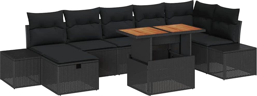 Modulares Garten-Sofa-Set, 8-teilig, für 7 Personen, Schwarz, Poly-Rattan & Akazienholz, verstellbare Füße, für Terrasse & Garten