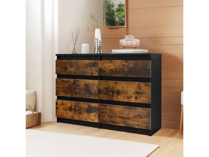 YITAHOME Kommode, 6 Schubladen Schlafzimmerschrank, modernes Möbel 100x30x70cm, stabil & sicher, aus Holz, mit Laufschienen, Schwarz Rustikal Braun
