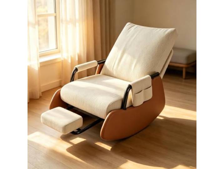 kumamart Lounge Schaukelstuhl mit Praktischer Seitentasche Ergonomischer Schaukelstuhl mit ausziehbarer Fußstütze und Seitentasche für tägliche Entspannung.