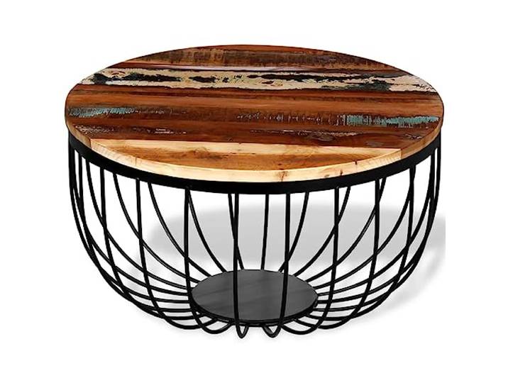 Tmriohed Couchtisch Massivholz Rund 60x35cm Beistelltisch Altholz Metall Einzigartiger Sofatisch im Vintage Industrie-Stil für Wohnzimmer und Flur, runde Holzplatte auf robustem Eisengestell.